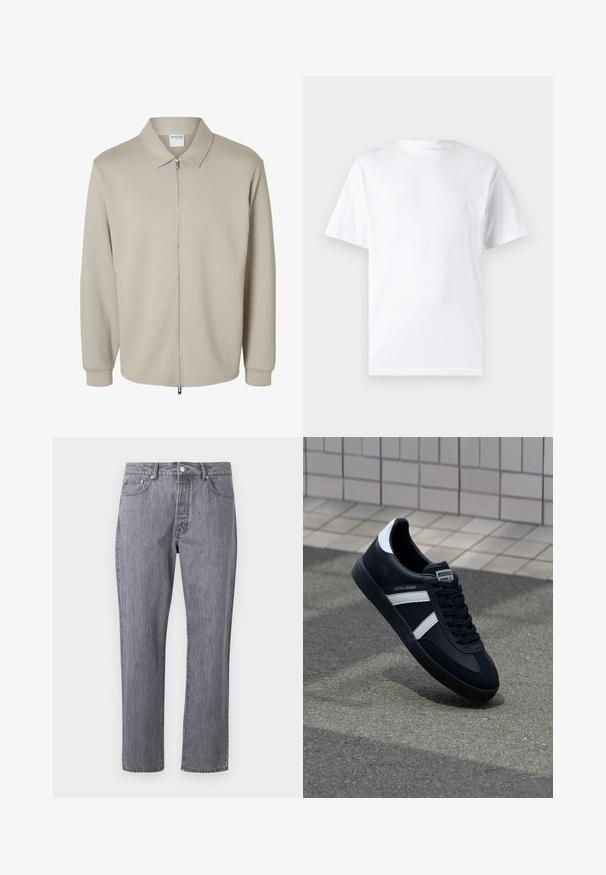 Lysebeige jakke med lange ærmer, forreste lynlås og spids krave, der viser en "Selected Homme" label inde i kraven.; Hvid kortærmet t-shirt lavet af bomuld med rund hals, der har en glat tekstur og et simpelt design uden mønstre eller accenter.; Grå denim jeans med lige ben-design, fem lommer, knaplukning og subtil whiskering-effekt på stofstrukturen.; Sort lædersneaker med hvide striber, tekstureret gummisål og snørrebånd foran. Har et brandet mærke på tungen.