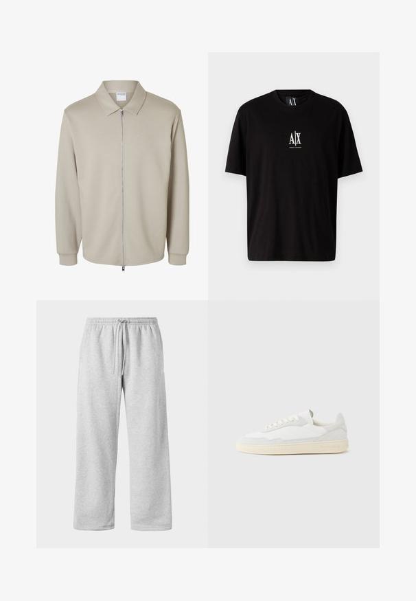 Lichtbeige jas met lange mouwen, een rits aan de voorkant en een puntige kraag, met een "Selected Homme" label aan de binnenkant van de kraag.; Zwarte katoenen t-shirt met korte mouwen, ronde halslijn en een klein wit logo "A|X" gecentreerd op de borst.; Lichtgrijze joggers met een koord in de taille, gemaakt van een zachte katoenmix, met brede benen en een gladde textuur. Geen zichtbare zakken.; Witte sneaker met een bovenwerk van gestructureerd suède en leer. Voorzien van een afgeronde neus, vetersluiting en een contrasterende beige rubberen zool.