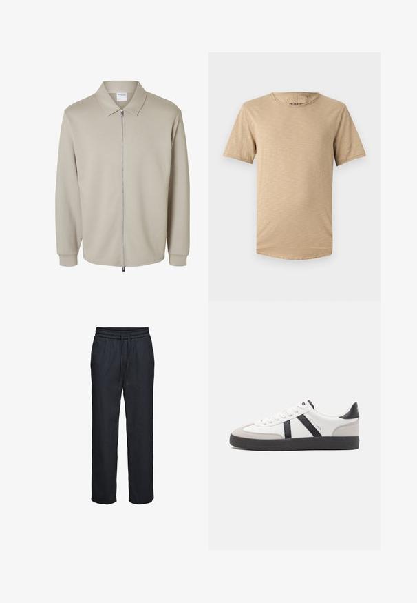 Lysebeige jakke med lange ærmer, forreste lynlås og spids krave, der viser en "Selected Homme" label inde i kraven.; Beige kortærmet t-shirt lavet af blødt stof. Har en rund halsudskæring og en let struktureret overflade med en buet kant.; Sorte bukser med løs pasform, elastisk talje og snøre, lige ben, lavet af letvægtsstof.; Hvide sneakers med sorte og grå detaljer, med en tekstureret grå tåhætte, sort gummisål og flade hvide snørebånd. Rent design, minimalistisk stil.