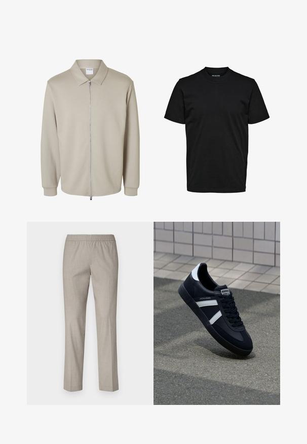 Chaqueta de manga larga beige clara con cremallera frontal y cuello puntiagudo, mostrando una etiqueta "Selected Homme" dentro del cuello.; Camiseta negra lisa de manga corta con cuello redondo, ajuste regular y sin patrones ni logotipos visibles.; Pantalones grises claros con cintura elástica, diseño de pierna recta y textura de tela suave. Sin patrones visibles ni detalles de hardware.; Zapatilla de cuero negra con rayas blancas, suela de goma texturizada y parte frontal con cordones. Cuenta con una etiqueta de marca en la lengüeta.