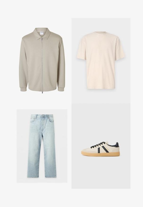 Chaqueta de manga larga beige clara con cremallera frontal y cuello puntiagudo, mostrando una etiqueta "Selected Homme" dentro del cuello.; Only & Sons ONSFRED RELAXED PLIZZE TEE - Camiseta básica - moonstruck; Vaqueros azul claro de pierna ancha con cinco bolsillos, cierre de botón y cremallera, y lavado ligeramente desteñido, colocados extendidos sobre un fondo blanco.; Zapatillas casuales en crema con rayas negras, con parte superior texturizada y suela de goma. Los cordones son negros. Logo sutil en el costado.