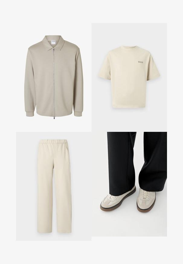 Lysebeige jakke med lange ærmer, forreste lynlås og spids krave, der viser en "Selected Homme" label inde i kraven.; Beige bomulds t-shirt med korte ærmer, en rund halsudskæring og et lille "SELECTED" logo på venstre bryst. Glat tekstur.; Beige vidde ben bukser med elastisk talje, lavet af blødt stof. Har en glat overflade og ingen synlige mønstre eller hardware.; Fødder iført beige sneakers med brune såler og sorte bukser med vide ben på hvid baggrund.