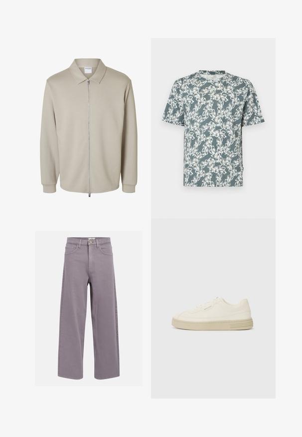 Lysebeige jakke med lange ærmer, forreste lynlås og spids krave, der viser en "Selected Homme" label inde i kraven.; Kortærmet T-shirt i teal-farve med et hvidt blomsterdesign. Fremstillet af letvægtsstof med en afslappet pasform.; Lige-lige lavendelgrå jeans med front- og baglommer, bæltestropper og knaplukning ved taljen.; Hvide kanvas sneakers med en tekstureret gummisål, der har en syet tåhætte og logoaccent på hælen. Simpel snørebåndsdesign.