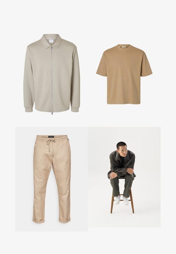 Hellbeige Langarmjacke mit Frontreißverschluss und spitzem Kragen, mit einem "Selected Homme" Etikett innen am Kragen.; Kurzärmeliges T-Shirt mit Rundhalsausschnitt und lockerer Passform, schlichtem Design, dargestellt vor weißem Hintergrund.; Beige Baumwollhose mit elastischem Bund und Kordelzug, Bundfalten, Seitentaschen und hochgerollten Ärmelabschlüssen.; Junger Mann in dunkler Lederjacke und Jeans sitzt auf einem Holzstuhl, lehnt sich mit verschränkten Armen nach vorne und schaut seitlich vor weißem Hintergrund.