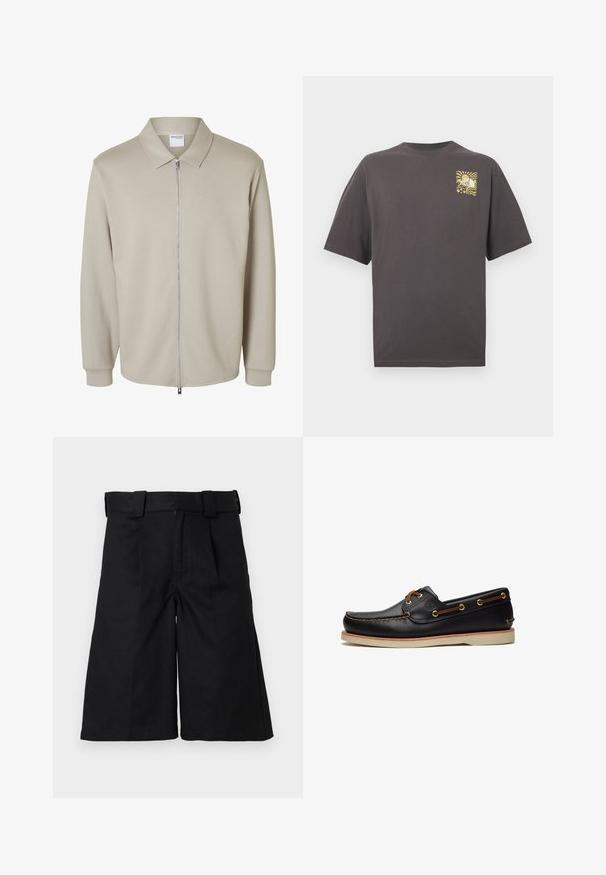 Lichtbeige jas met lange mouwen, een rits aan de voorkant en een puntige kraag, met een "Selected Homme" label aan de binnenkant van de kraag.; Donkergrijs T-shirt met korte mouwen en een klein geel patroon The North Face-logo op de linkerborst.; Zwarte wijduitlopende shorts tot op de knie met ceintuurlussen en een hoge taille, weergegeven op een witte achtergrond.; Zwarte leren bootschoen met bruine veters, gouden veteroogjes en een beige zool, zijaanzicht tegen een witte achtergrond.