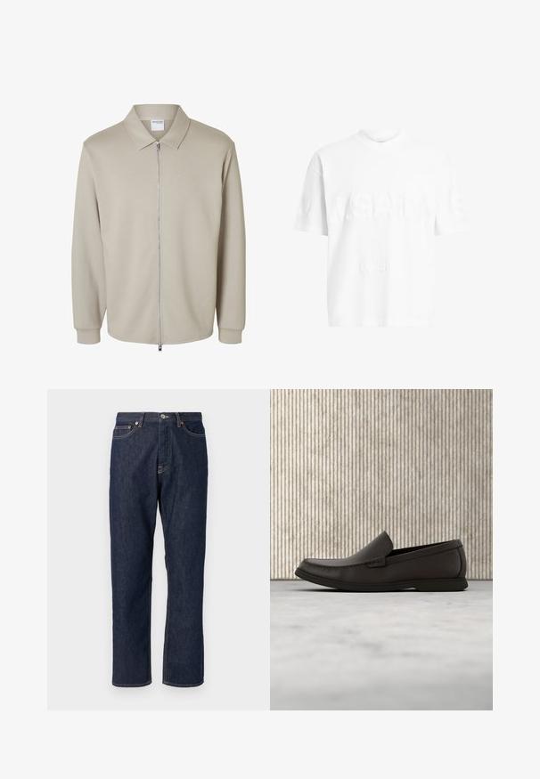 Lysebeige jakke med lange ærmer, forreste lynlås og spids krave, der viser en "Selected Homme" label inde i kraven.; Hvid bomulds t-shirt med korte ærmer og rund hals. Har tekstureret branding "A.SAINTS" og "LONDON" på forsiden i en subtil prægning.; Mørkeblå denim jeans med lige ben-design. Har knappelukning og lynlås, fem lommer og kontraststikningsdetaljer.; Mørkebrun læderloafers med en rund tå, diskrete syninger og en lav gummisål. Glat tekstur med en fleksibel pasform.