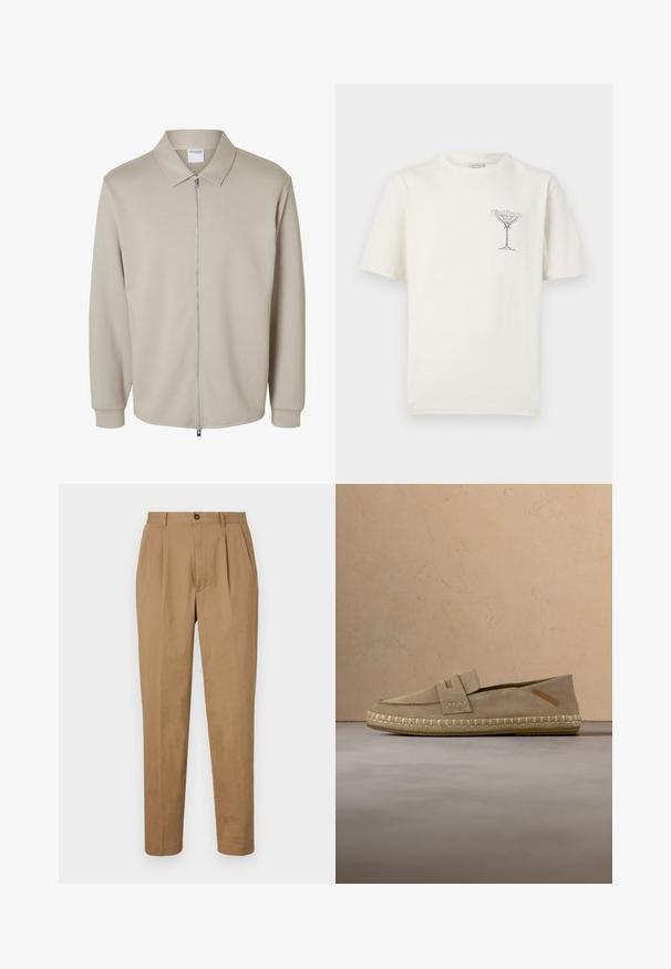Lysebeige jakke med lange ærmer, forreste lynlås og spids krave, der viser en "Selected Homme" label inde i kraven.; Flødefarvet bomulds-T-shirt med korte ærmer, rund hals og et grafisk design med stiliseret tekst og et abstrakt træmotiv.; Tan pleated bukser med lige snit, lavet af et glat stof. Har knaplukning foran og sidelommer.; Beige mokkalæder loafer med flettet sål i espadrille-stil, placeret i en stue i neutrale toner nær et træ sofabord med bøger.