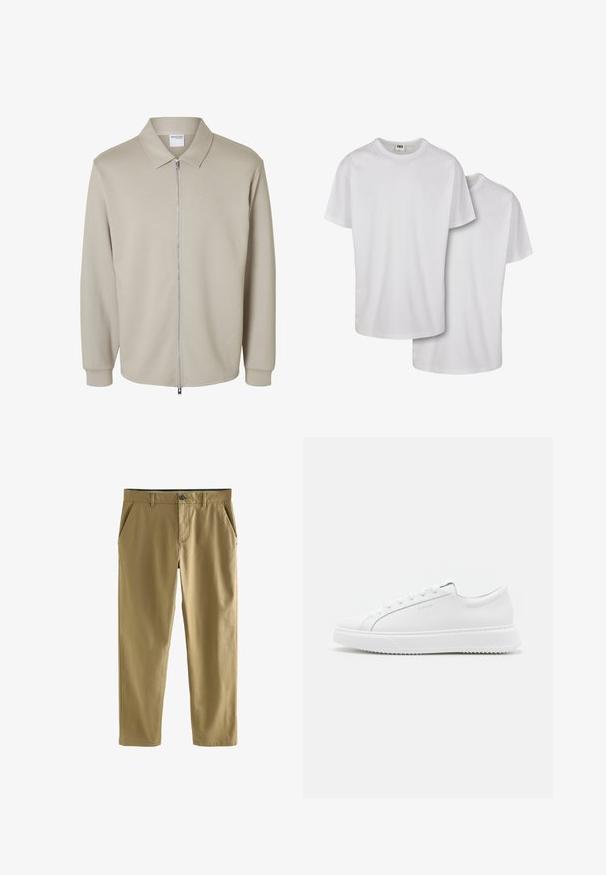 Hellbeige Langarmjacke mit Frontreißverschluss und spitzem Kragen, mit einem "Selected Homme" Etikett innen am Kragen.; Weiße Baumwoll-T-Shirts mit kurzen Ärmeln, runden Ausschnitten und glatter Textur, gezeigt übereinandergestapelt mit einem leicht überlappenden Vorderteil.; Khaki-Chinos aus Baumwollmischgewebe, mit Knopfverschluss, zwei Fronttaschen und geradem Beinanschnitt. Glatte, leichte Textur.; Weiße Sneakers aus glattem synthetischem Material. Sie verfügen über ein niedriges Design, eine erhöhte weiße Sohle, eine abgerundete Zehenpartie und eine Schnürung mit fünf Ösen.