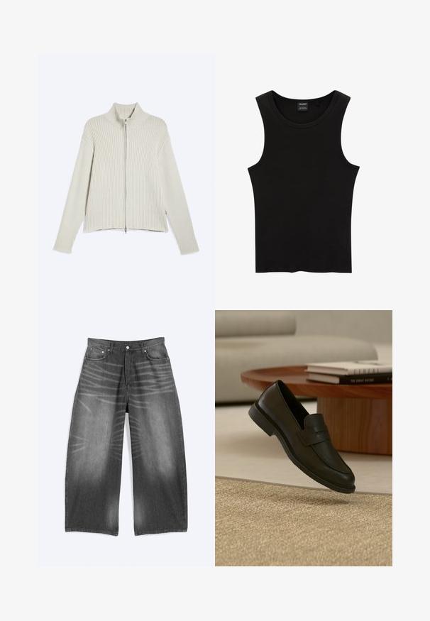 Cardigan en maille côtelée beige clair, manches longues et fermeture éclair intégrale devant, posé à plat sur fond blanc.; Débardeur noir côtelé sans manches avec encolure ronde et étiquette Pull&Bear à l'intérieur du col.; Jean en denim noir délavé à jambes larges avec poches avant et fermeture à boutons, présenté à plat sur fond clair.; Chaussure mocassin en cuir noir présentée en suspension au-dessus d'un tapis beige tissé, avec une table en bois et des livres empilés dans un salon doucement éclairé.