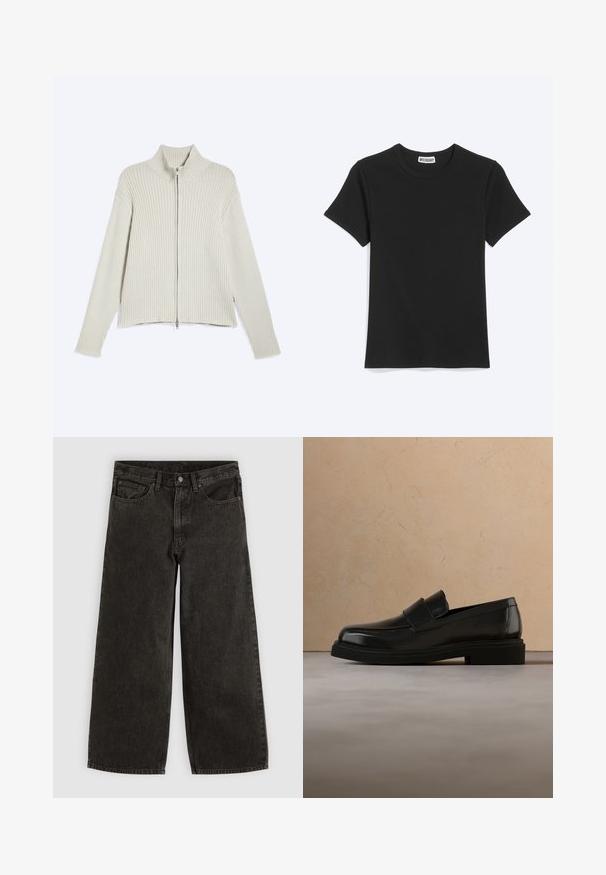 Cardigan en maille côtelée beige clair, manches longues et fermeture éclair intégrale devant, posé à plat sur fond blanc.; T-shirt noir uni à manches courtes et col rond avec une étiquette de la marque Weekday à l’intérieur du col, présenté sur fond blanc.; Jean en denim noir à jambes larges avec bouton et fermeture éclair à l'avant, passants de ceinture, et cinq poches, étalé à plat sur un fond blanc.; Mocassin en cuir noir flottant au-dessus d'un tapis beige texturé, avec une table basse ronde en bois et des livres en arrière-plan.