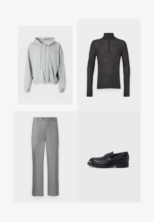Sweat à capuche zippé gris clair avec cordons, poignets élastiques, petite poche poitrine et taille froncée, présenté sur fond blanc.; Chandail noir à manches longues et col roulé en tissu texturé, avec une demi-fermeture éclair au niveau du col et des manches ajustées.; Pantalons habillés gris sur mesure avec passants de ceinture, bouton frontal et braguette zippée, dotés d'une coupe droite.; Mocassin en cuir noir avec petit talon et bride sur le dessus, logo embossé sur la bride, présenté de profil sur fond blanc.