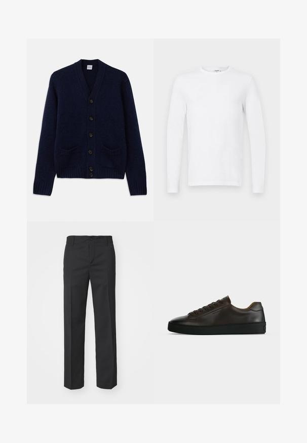 Marineblå strikket cardigan med V-udskæring, seks brune knaplukninger, to forlommer og ribbede manchetter og nederste kant. Struktureret stof.; Langærmet ensfarvet hvid crewneck skjorte vist på en flad, lysegrå baggrund.; Filippa K TROY TROUSERS - Bukser - black; Lavprofil mørkebrune lædersneaker med sort gummisål, snørelukning foran og glat minimalistisk design på lys baggrund.