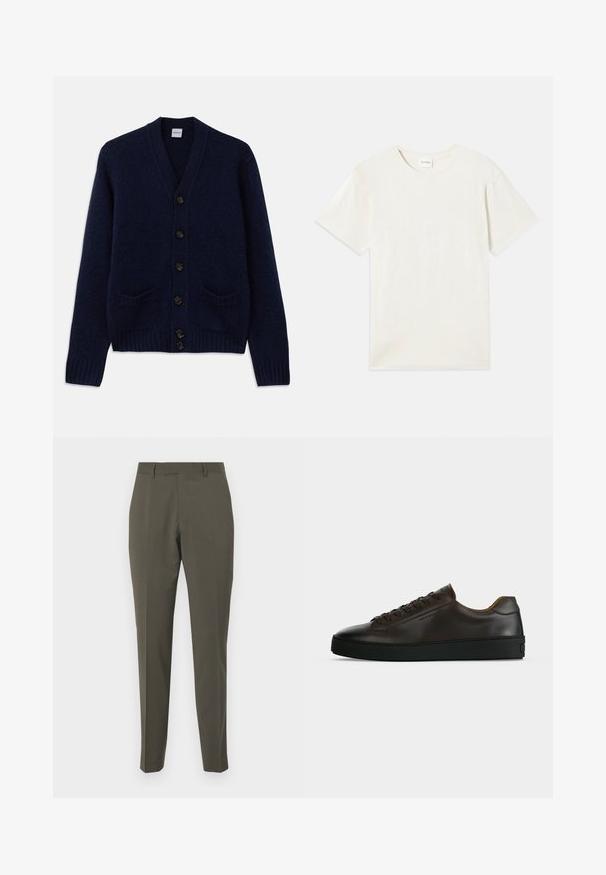 Marineblå strikket cardigan med V-udskæring, seks brune knaplukninger, to forlommer og ribbede manchetter og nederste kant. Struktureret stof.; Korte ærmer, crew neck t-shirt i lys beige, blødt bomuldsstof med en afslappet pasform og uden synlige mønstre eller accenter.; Olivengrønne bukser lavet af glat stof, med en skræddersyet design, lige ben og bæltestropper. Ingen synlige mønstre eller accenter.; Lavprofil mørkebrune lædersneaker med sort gummisål, snørelukning foran og glat minimalistisk design på lys baggrund.