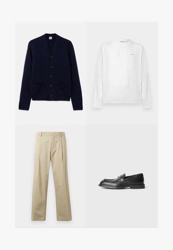 Marineblå strikket cardigan med V-udskæring, seks brune knaplukninger, to forlommer og ribbede manchetter og nederste kant. Struktureret stof.; Hvid langærmet crewneck-shirt med lille "HOLZWEILER"-logo i marineblåt på øverste venstre bryst, enkel design.; Beige bukser lavet af bomuld, med lige ben-design, frontfolder og traditionel taljeforhold. Glat tekstur, minimale detaljer.; Sorte læder loafers med en struktureret finish, der har en dekorativ frontrem og en rundet tå. Gummisål for holdbarhed.