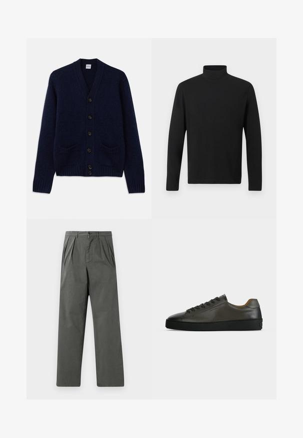 Marineblå strikket cardigan med V-udskæring, seks brune knaplukninger, to forlommer og ribbede manchetter og nederste kant. Struktureret stof.; Sort turtleneck skjorte lavet af glat stof. Har lange ærmer og en høj krave. Enkel design uden yderligere mønstre eller accenter.; Lettrene, plisserede bukser i mørkegrå bomuld med en lige ben design. Har en frontknaplukning og bæltestropper.; Lavtskåret mørkegrå læder sneaker med sorte snørebånd og sål, minimalistisk design, sideprofil på en ensfarvet lys baggrund.