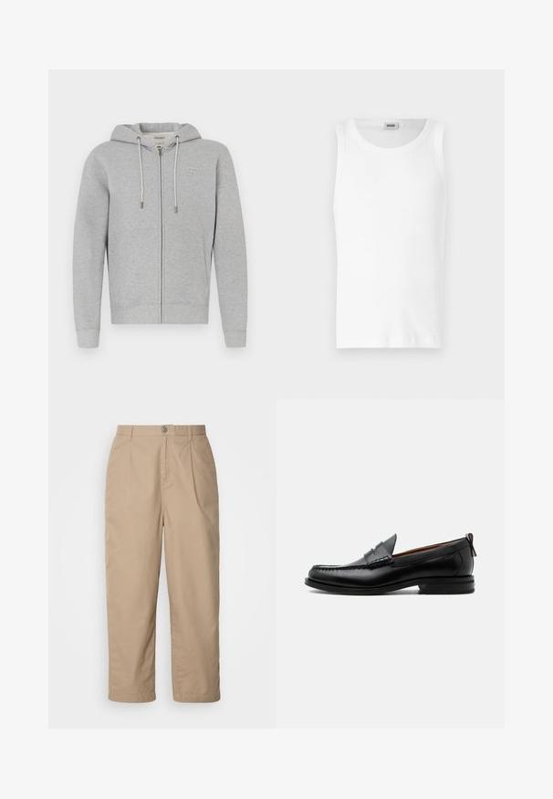 Haut à zip gris fabriqué en tissu doux. Il possède une capuche avec cordon, des poches avant et un petit patch avec logo en haut à gauche.; Débardeur en coton blanc sans manches avec un col rond et une texture lisse. Design simple, sans motifs ni accents.; Pantalons en coton léger beige avec un devant plissé, fermeture à bouton et jambes droites, offrant une texture lisse et sans motifs visibles.; Mocassin homme en cuir noir avec couture moc toe, bride penny, col texturé et petit talon empilé sur fond blanc.