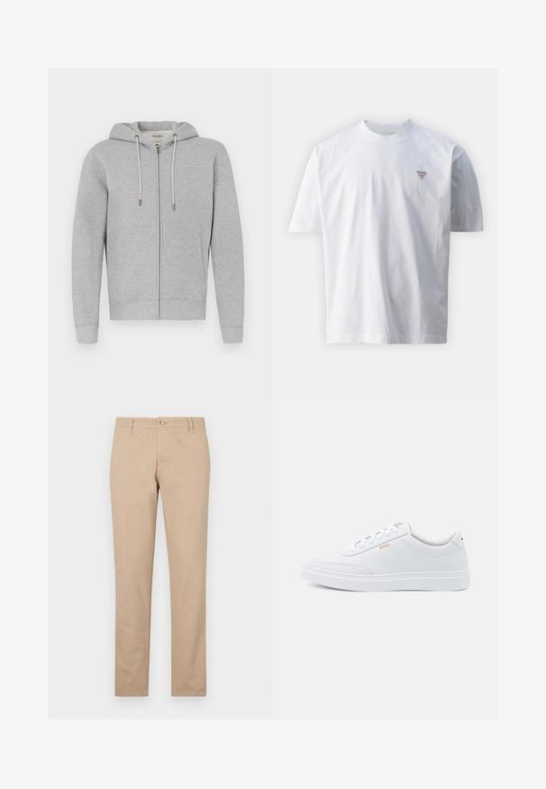 Haut à zip gris fabriqué en tissu doux. Il possède une capuche avec cordon, des poches avant et un petit patch avec logo en haut à gauche.; T-shirt en coton blanc avec un col rond, des manches courtes, et un petit logo triangulaire rouge sur la partie gauche de la poitrine. Texture lisse.; Pantalon beige en coton avec une coupe droite, doté d'une fermeture à bouton à l'avant, de poches latérales et de détails texturés subtils.; Baskets blanches en cuir avec une texture lisse, bout rond et coutures tonales. Possède des lacets bleus et un logo doré sur le côté.