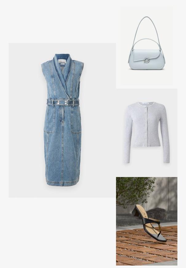 Cardigan gris à manches longues avec un col rond, fermeture à boutons à l'avant et une bordure décorative contrastante le long de l'encolure. Texture douce, design ajusté.; Robe en denim avec un profond décolleté en V, sans manches, taille ceinturée, deux poches avant et coutures contrastantes. Couleur bleu clair.; Sandale noire à talon avec boucle pour l'orteil et accent doré, placée sur une surface pavée en bois et pierre en extérieur près de la verdure.; Sac à main en cuir bleu clair avec rabat arrondi, fermoir circulaire argenté et deux bretelles d'épaule sur un fond uni.