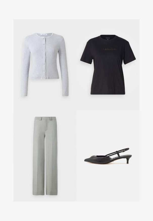 Cardigan gris à manches longues avec un col rond, fermeture à boutons à l'avant et une bordure décorative contrastante le long de l'encolure. Texture douce, design ajusté.; T-shirt en coton noir à manches courtes, arborant un logo "Calvin Klein" brodé en or sur la poitrine. Design simple et dépouillé.; Pantalons larges gris en tissu léger, dotés d'un devant plat, de passants de ceinture et de lignes épurées et taillées sans motifs visibles.; Chaussures noires à talon slingback avec un bout pointu, en matériau lisse, dotées d'un petit talon et d'un accent décoratif en argent sur le dessus.