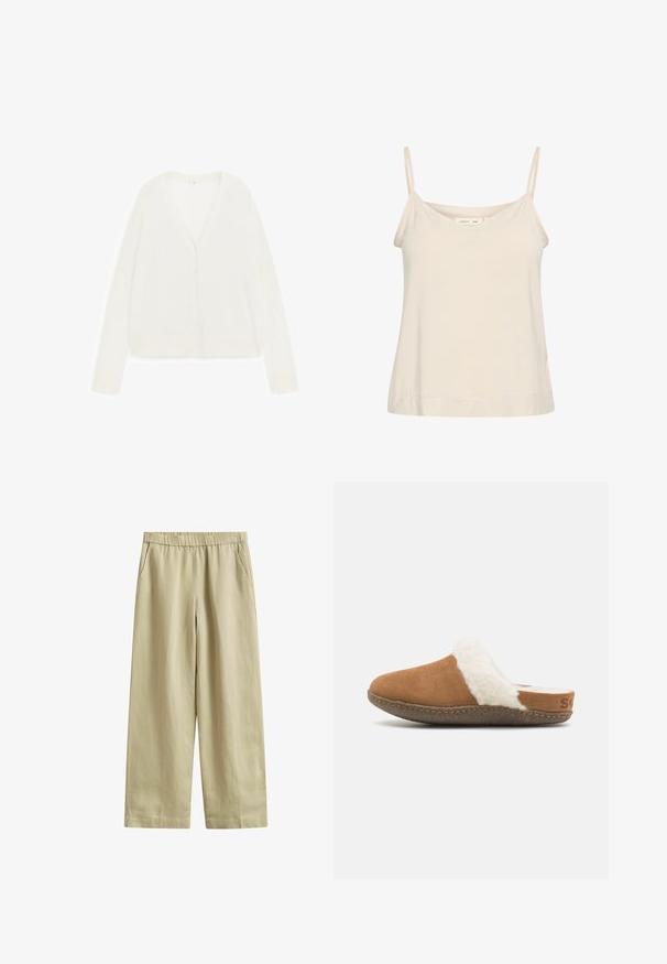 Cardigan blanc à manches longues avec col en V et cinq boutons à l'avant, posé à plat sur un fond blanc.; Camisole beige clair en tissu doux, avec de fines bretelles réglables et un décolleté en V, offrant une coupe légèrement décontractée.; Pantalon beige à jambes larges avec taille élastique et poches latérales, en tissu léger.; Chausson en suède marron à enfiler avec une doublure blanche duveteuse et une semelle texturée. Présente un bord cousu et un petit détail de marque sur le talon.