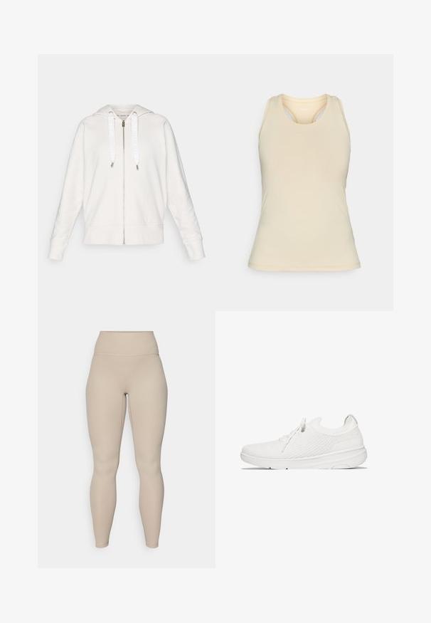 Lichtgrijze zip-up hoodie van zachte stof, met een capuchon, witte trekkoorden met logo en ribgebreide manchetten en zoom.; Lichtbeige tanktop gemaakt van gladde stof. Heeft een ronde hals, racerback ontwerp en subtiele stikdetails.; Beige hoge taille legging met een geribbelde textuur, voorzien van een soepele tailleband en aansluitende benen, ontworpen voor comfort en flexibiliteit.; Witte sportschoenen met een ademende gebreide bovenkant, ronde neus, elastische veters en een gevoerde zool. Heeft een gemêleerd meshdetail aan de zijkanten.
