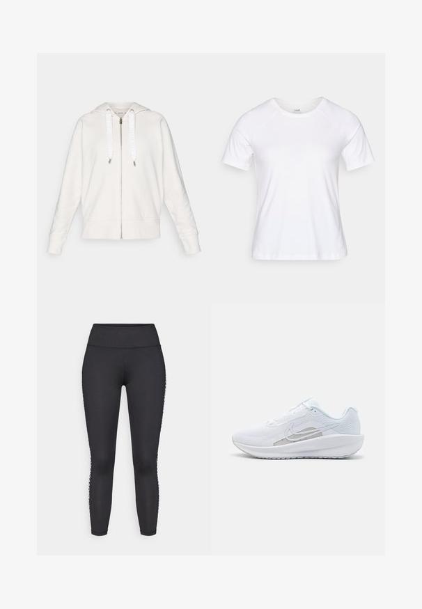 Lichtgrijze zip-up hoodie van zachte stof, met een capuchon, witte trekkoorden met logo en ribgebreide manchetten en zoom.; Witte t-shirt met korte mouwen, gemaakt van een zachte katoenmix, met een ronde halslijn en raglanmouwen, gladde textuur zonder patronen.; Zwarte full-length leggings van rekbaar materiaal, met een gladde tailleband en witte gemusterde accenten langs de zijnaad.; Witte sportieve schoen met een bovenwerk van mesh, ronde neus en een textuurzool. Beschikt over een zilveren Nike swoosh en een minimalistisch ontwerp.