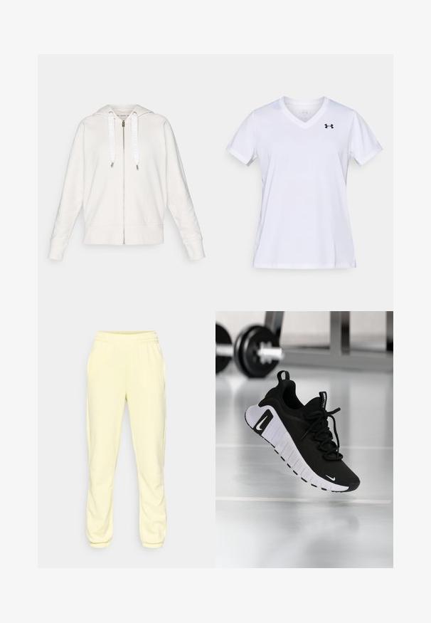 Lichtgrijze zip-up hoodie van zachte stof, met een capuchon, witte trekkoorden met logo en ribgebreide manchetten en zoom.; Witte V-hals T-shirt met korte mouwen, gemaakt van een katoenmengsel, met een zwart logo aan de linker bovenkant. Soepele textuur en reguliere pasvorm.; Gele joggingbroek gemaakt van zachte stof, met een elastische tailleband en taps toelopende boorden, een gladde textuur en zonder zichtbare patronen.; Zwarte sportschoen met een textuurstof bovenwerk, witte zool en een opvallend vetersysteem. Voorzien van een Nike-logo en een zacht, gedempt ontwerp.