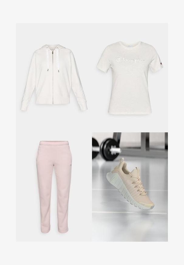 Lichtgrijze zip-up hoodie van zachte stof, met een capuchon, witte trekkoorden met logo en ribgebreide manchetten en zoom.; Wit katoenen T-shirt met korte mouwen, een ronde hals en een geborduurd "Champion"-logo in een contrasterende textuur aan de voorkant.; Lichtroze sweatpants van zachte stof, met een ontspannen pasvorm, elastische tailleband en zijzakken. Geen zichtbare patronen of hardware.; Lichtgewicht sneaker in een zachte beige kleur. Heeft een gestructureerd bovenwerk, platte veters en een dikke, geribbelde zool met subtiele merkaccenten.