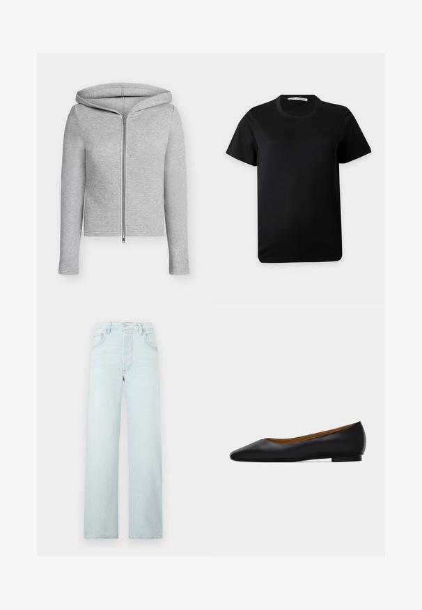 Sweat à capuche gris clair zippé intégralement avec manches longues et capuche ajustée, présenté sur un fond uni.; T-shirt noir uni à manches courtes et col rond, posé à plat sur un fond blanc avec une étiquette de marque visible à l'intérieur du col.; Jean droit taille haute bleu clair avec bouton et fermeture éclair à l’avant, passants pour ceinture et deux poches avant sur fond blanc.; Chaussure plate en cuir noir à bout pointu avec talon bas et finition lisse, vue de côté sur un fond gris clair.