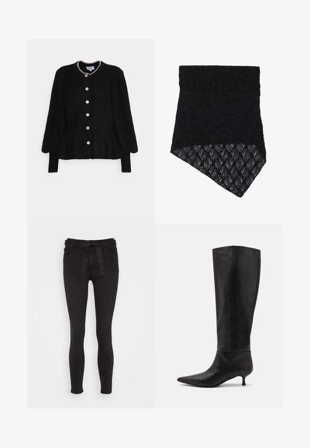 ONLY ONLRIO LIFE CARDIGAN - Neuletakki - black glitter; Musta kangaskuitu kauluri, jossa on teksturoitu yläosa ja kuvioitu pitsialue alaosassa, jossa on terävä reuna.; ONLY ONLHUSH BELT - Skinny-Farkut - black denim; Mustat nahkasaappaat, jotka ulottuvat polven ylle, teräväkärkiset ja kitten heel -korkoiset. Liukas pinta ja minimalistinen muotoilu ilman näkyviä varusteita tai koristeita.