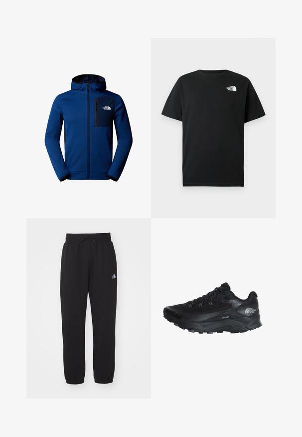 Mørkeblå hættetjakke med lynlås foran, elastiske manchetter og en brystlomme. Har glat stof og kontrasterende sorte accenter.; Sort bomulds-T-shirt med korte ærmer, rund hals og hvidt logo på venstre bryst. Enkel, ubesmykket design.; Sorte sweatpants lavet af blødt stof, med en elastisk talje med snor, manchetter ved anklerne og et lille logo på det øverste lår.; Sort træningssko med en åndbar mesh-overdel, gummisål, teksturerede detaljer og forstærket tåspids for holdbarhed.