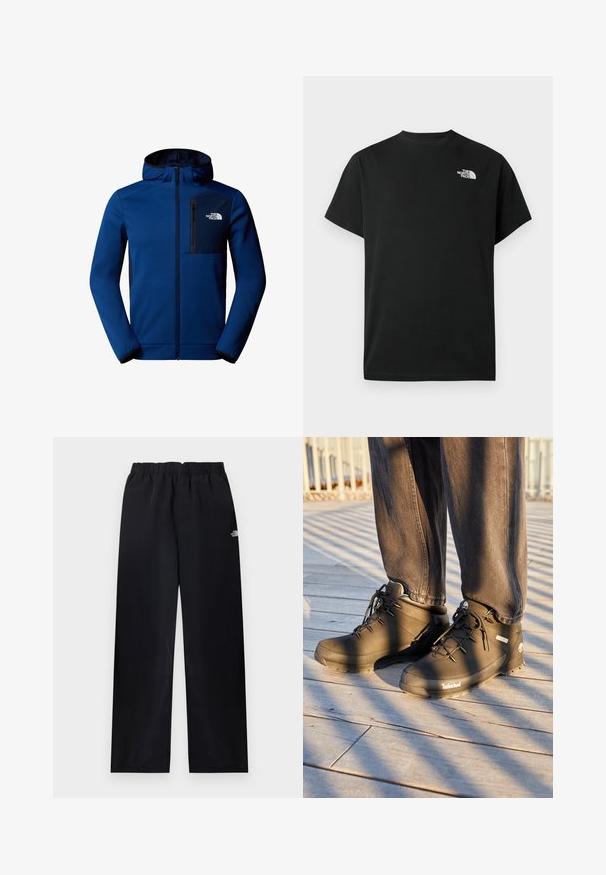 Mørkeblå hættetjakke med lynlås foran, elastiske manchetter og en brystlomme. Har glat stof og kontrasterende sorte accenter.; Sort t-shirt med korte ærmer lavet af bomuld. Har en hvid logo på venstre bryst. Enkelt snit med rund halsudskæring og minimalt design.; Sorte bukser med elastik i taljen og lige ben, med lille hvidt logo på øverste højre lår, vist fladt på lys baggrund.; Sorte Timberland vandrestøvler har et højt design, struktureret overflade og runde snørebånd, sat mod en trægulv baggrund.