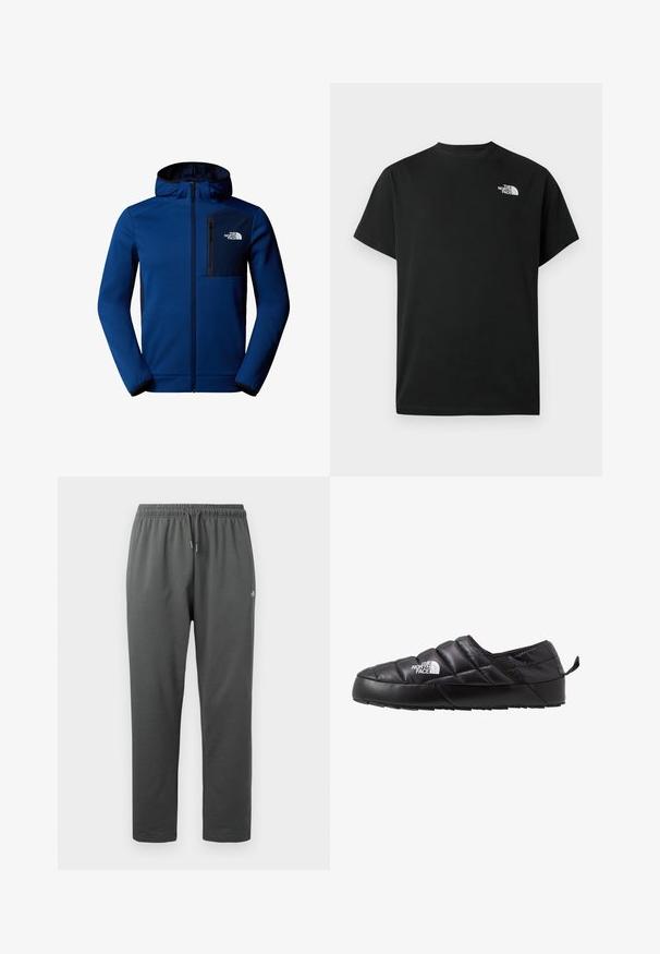Mørkeblå hættetjakke med lynlås foran, elastiske manchetter og en brystlomme. Har glat stof og kontrasterende sorte accenter.; Sort t-shirt med korte ærmer lavet af bomuld. Har en hvid logo på venstre bryst. Enkelt snit med rund halsudskæring og minimalt design.; Mørkegrå fleece-sweatpants med elastisk taljebånd og snor, med en lille logo på højre lår.; Sort slip-on sko med et quiltet design, lavet af polstret materiale. Har en struktureret gummisål og et lille trækstrop bagpå.