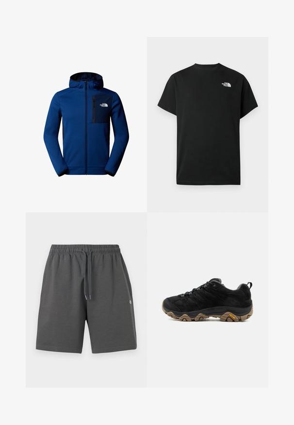 Mørkeblå hættetjakke med lynlås foran, elastiske manchetter og en brystlomme. Har glat stof og kontrasterende sorte accenter.; Sort t-shirt med korte ærmer lavet af bomuld. Har en hvid logo på venstre bryst. Enkelt snit med rund halsudskæring og minimalt design.; Grå shorts lavet af blødt stof med elastisk taljebånd og justerbar snøre. Har et enkelt design uden lommer eller mønstre.; Sort vandrestøvle med robust brun Vibram-sål, mesh og ruskindsoverdel, snørelukning og bageste trækskinnel, vist fra ydersiden.
