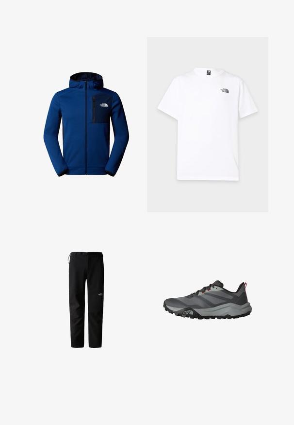 Donkerblauwe hoodie met ritssluiting aan de voorkant, elastische manchetten en een borstzak. Heeft een gladde stof en contrasterende zwarte accenten.; Wit T-shirt met korte mouwen, ronde hals en klein zwart The North Face-logo op de bovenste linkerborst.; Zwarte outdoorbroek met een strak ontwerp, gemaakt van een duurzame, lichtgewicht stof. Voorzien van een riem, zijzakken en een logo op de dij.; Grijs-zwart trailschoenen met robuuste zool, veterluiting aan de voorkant, rode trek lus en het The North Face-logo op de zijkant van de zool.