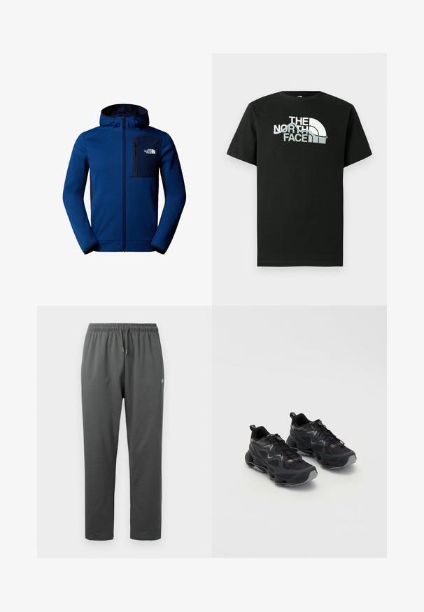 Dunkelblaue Kapuzenjacke mit Reißverschluss vorne, elastischen Bündchen und einer Brusttasche. Aus smoothen Stoff mit kontrastierenden schwarzen Akzenten.; Schwarzes T-Shirt aus Baumwolle mit einem aufgedruckten Logo in Weiß und Grau, kurzen Ärmeln und Rundhalsausschnitt.; Dunkelgraue Fleece-Sweathosen mit elastischem Bund und Kordelzug, mit kleinem Logo am rechten Oberschenkel.; Schwarze Sportschuhe mit einem strukturierten Mesh-Obermaterial, ausgestattet mit einer dicken Sohle, Schnürverschluss und dezenten grauen Akzenten.