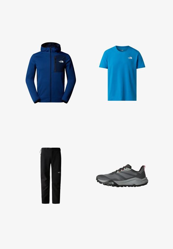 Chaqueta con capucha de color azul oscuro, con cierre de cremallera en la parte delantera, puños elásticos y un bolsillo en el pecho. Presenta una tela suave y acentos en negro que contrastan.; Camiseta de manga corta azul hecha de tela suave, con un pequeño logo blanco en el lado izquierdo del pecho. Diseño clásico de cuello redondo.; Pantalones de exterior negros con un diseño elegante, fabricados en un tejido duradero y ligero. Cuentan con un cinturón, bolsillos laterales y un logotipo en el muslo.; Zapatilla de trail running en gris y negro con suela resistente, cordones delanteros, lengüeta roja para tirar y logo de The North Face en el lateral de la suela.