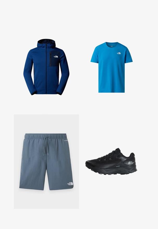Donkerblauwe hoodie met ritssluiting aan de voorkant, elastische manchetten en een borstzak. Heeft een gladde stof en contrasterende zwarte accenten.; Blauwe T-shirt met korte mouwen, gemaakt van gladde stof, met een klein wit logo op de linkerborst. Klassiek rond decolleté ontwerp.; Blauwe short met elastische tailleband en trekkoord, The North Face-logo op het linkerbeen, en "FLASHDRY" tekst vlakbij de rechterzak.; Zwarte sportieve schoen met een ademende mesh bovenkant, rubberen zool, gestructureerde accenten en een versterkte neuscap voor duurzaamheid.