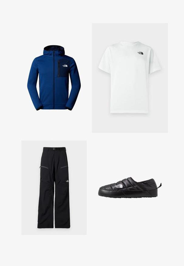 Dunkelblaue Kapuzenjacke mit Reißverschluss vorne, elastischen Bündchen und einer Brusttasche. Aus smoothen Stoff mit kontrastierenden schwarzen Akzenten.; Weißes Baumwoll-T-Shirt mit kurzen Ärmeln und Rundhalsausschnitt, versehen mit einem kleinen schwarzen Logo auf der linken Brustseite. Glatte Textur.; Schwarze Outdoor-Hose mit verstellbarem Gürtel, zwei Reißverschlusstaschen an den Oberschenkeln und The North Face-Logo am rechten Bein.; Schwarzer Slipper mit gestepptem Design, aus gepolstertem Material gefertigt. Verfügt über eine strukturierten Gummisohle und eine kleine Lasche hinten.