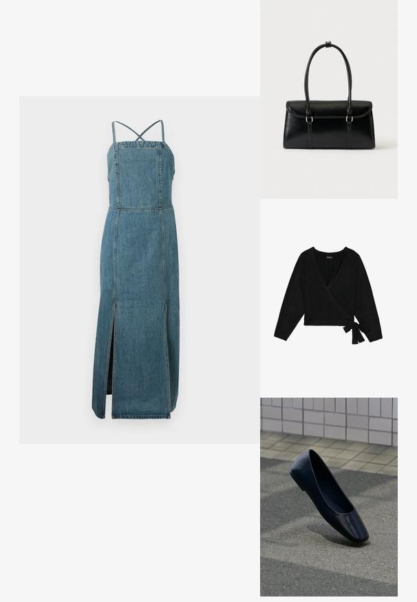 Sort indpakket sweater lavet af blødt materiale. Har en dyb V-hals, lange ærmer og en sidesløjfe, der giver mulighed for justerbar pasform.; Denimkjole med tætsiddende liv, justerbare krydsede rygstropper og en sideslids. Den har en mellemblå vask og en lige silhuet.; Sort læder flad sko, stående opret på en asfaltbelægning nær en flisebelagt fortovskant.; Sort rektangulær læderhåndtaske med klaplukning og to lange håndtag mod en ensfarvet hvid baggrund.