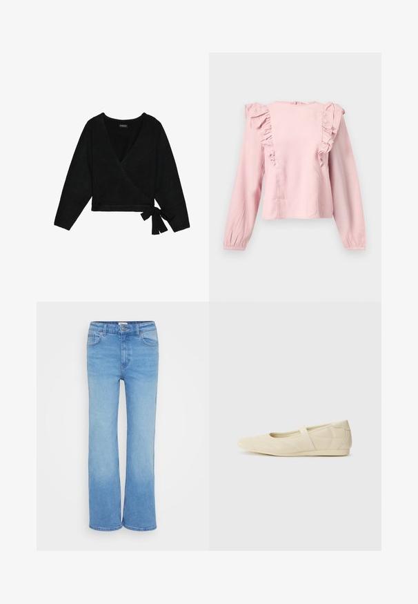 Sort indpakket sweater lavet af blødt materiale. Har en dyb V-hals, lange ærmer og en sidesløjfe, der giver mulighed for justerbar pasform.; Lyserød bluse med lange ærmer og rynkede detaljer langs fronten og skuldrene samt rund halsudskæring.; Lys blå denimjeans med et klassisk lige ben-design, fem lommer og en frontknaplukning. Glat struktur med ensartet farve.; Lysebrune ballet flats med en glat læderoverflade, mandelformet tå og elastisk rem over vristen, med diskrete syninger.