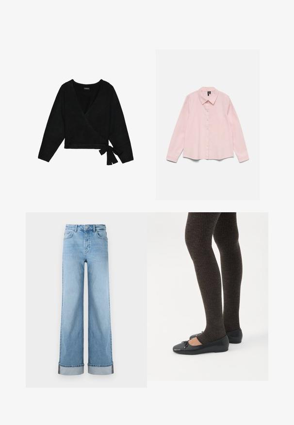 Sort indpakket sweater lavet af blødt materiale. Har en dyb V-hals, lange ærmer og en sidesløjfe, der giver mulighed for justerbar pasform.; Langærmet lyserød skjorte med knapper og krave, lagt fladt på en hvid baggrund.; Lyseblå, vide jeans i klassisk denim med høj talje, prydet med opbrettede kanter og synlig søm.; Ben iført mørke ribbede leggings kombineret med sorte balletsko med små sløjfedetaljer på hvid baggrund.