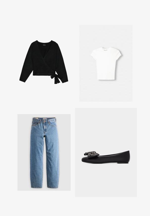 Sort indpakket sweater lavet af blødt materiale. Har en dyb V-hals, lange ærmer og en sidesløjfe, der giver mulighed for justerbar pasform.; Hvid kortærmet t-shirt lavet af blød bomuld, med rund halsudskæring og en tætsiddende form. Ingen synlige mønstre eller udsmykninger.; Lysblå denim jeans med lige ben-design, fem lommer, lynlås og en subtil falmet tekstur. Klassisk stil med minimal hardware.; Sort læder balletsko med en dekorativ sløjfe prydet med metalnitter på tåen, vist i profil mod en hvid baggrund.