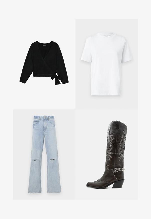 Un pull enveloppant noir en matériau doux. Il présente un décolleté en V profond, des manches longues et un détail de lien sur le côté pour un ajustement réglable.; T-shirt en coton blanc à col rond, avec des manches courtes et une texture lisse. Conçu avec une coupe décontractée pour plus de confort et de polyvalence.; Jean en denim bleu clair à large jambe avec des découpes effilochées au niveau des genoux, taille haute et design classique à cinq poches. Fabriqué en tissu denim avec une texture douce.; Botte de cowboy en cuir noir avec découpes décoratives, boucle argentée et talon incliné, présentée sur fond blanc.