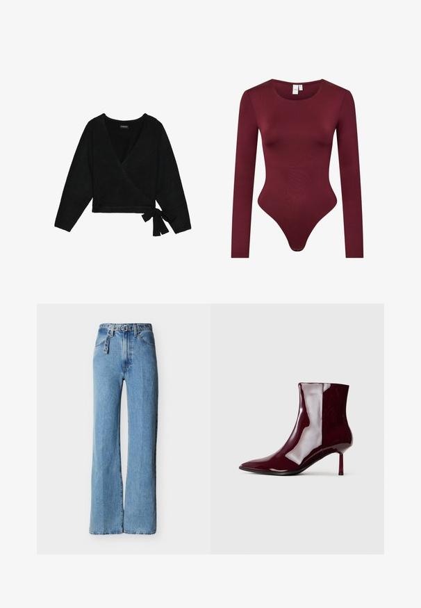 Sort indpakket sweater lavet af blødt materiale. Har en dyb V-hals, lange ærmer og en sidesløjfe, der giver mulighed for justerbar pasform.; Bordeaux langærmet bodysuit lavet af glat, strækbart stof; har en rund halsudskæring og en tanga-bund med trykknaplukning.; Lyseblå jeans i høj talje med vide ben, fem lommer og et matchende bælte i denim med metaløjer og spænde.; Skinnende mørkerød ankelstøvle med spids tå og tynd mellem-højde hæl på en lys ensfarvet baggrund.