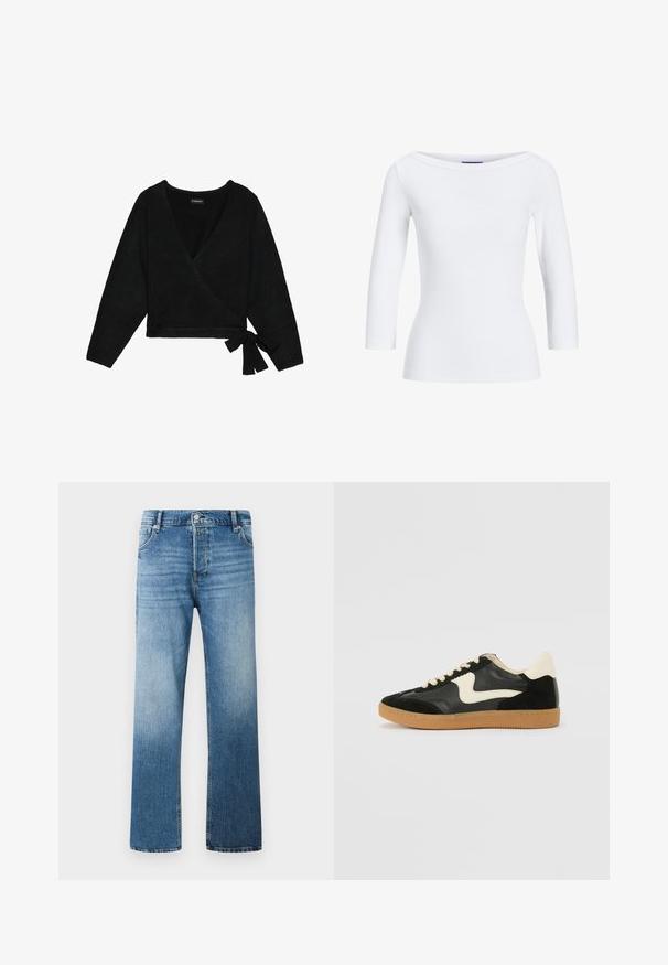 Zwarte wikkeltrui gemaakt van zacht materiaal. Beschikt over een diepe V-hals, lange mouwen en een zijstrikdetail voor een verstelbare pasvorm.; Witte geribbelde longsleeve top met een bootnek. De stof is soepel, aansluitend en heeft een nette afwerking bij de mouwen en de zoom.; Lichtblauwe denim jeans met een rechte pijpontwerp, voorzien van een geleidelijke vervaging, vijf zakken en een knoopsluiting aan de voorkant.; Zwarte suède en leren sneaker met een crèmekleurige zij-swoosh en lichte crèmekleurige hiel. Voorzien van beige veters en een gumrubberen zool.