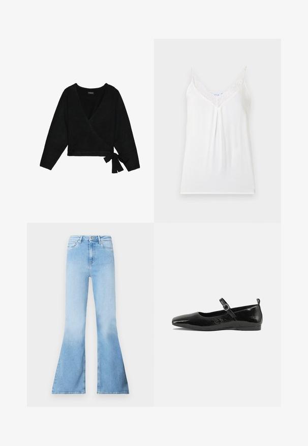 Sort indpakket sweater lavet af blødt materiale. Har en dyb V-hals, lange ærmer og en sidesløjfe, der giver mulighed for justerbar pasform.; Hvid top med spidse kanter langs V-halsen, tynde justerbare skulderstropper og blødt stof, med en let plissering foran.; Lyseblå vidde jeans lavet af denim med høj talje, der har forlommer og en falmet tekstur mod bunden af benene.; Sorte patentlæder flade sko med spidse tæer, en ankelrem med spænde og en glat, blank tekstur. Lav hæl for komfort.