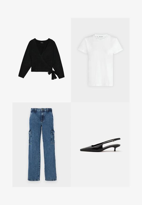 Sort indpakket sweater lavet af blødt materiale. Har en dyb V-hals, lange ærmer og en sidesløjfe, der giver mulighed for justerbar pasform.; En simpel hvid T-shirt med korte ærmer og rund hals lagt fladt på en lys grå baggrund, hvor forsiden med label inde i halsen vises.; Blå denim cargo bukser med en afslappet pasform, der har to sidelommer, forstærket syning og et lige ben-design.; Sort læder slingback sko med spids tå og lav lille hæl på en ensartet lys baggrund.