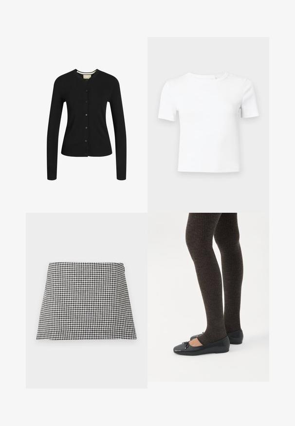 Zwarte lange mouw cardigan gemaakt van zachte stof, met een ronde halslijn, knoopsluiting, ribbels aan de onderkant en een gestructureerde pasvorm.; Wit T-shirt met korte mouwen van geribd materiaal, voorzien van een ronde hals en een aansluitende pasvorm, ideaal voor het dragen in laagjes of casual gebruik.; Zwart-wit geblokte A-lijn minirok met een ritssluiting aan de zijkant op een effen achtergrond.; Benen met donkere geribbelde leggings gecombineerd met zwarte ballerina's met kleine strikdetails op een witte achtergrond.