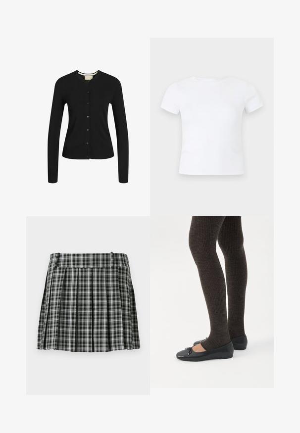Zwarte lange mouw cardigan gemaakt van zachte stof, met een ronde halslijn, knoopsluiting, ribbels aan de onderkant en een gestructureerde pasvorm.; Effen wit T-shirt met korte mouwen en een ronde hals, getoond op een neutrale lichtgrijze achtergrond.; Zwart-wit geruite geplisseerde rok met een gladde tailleband en meerdere verticale plooien. Gemaakt van lichte stof.; Benen met donkere geribbelde leggings gecombineerd met zwarte ballerina's met kleine strikdetails op een witte achtergrond.